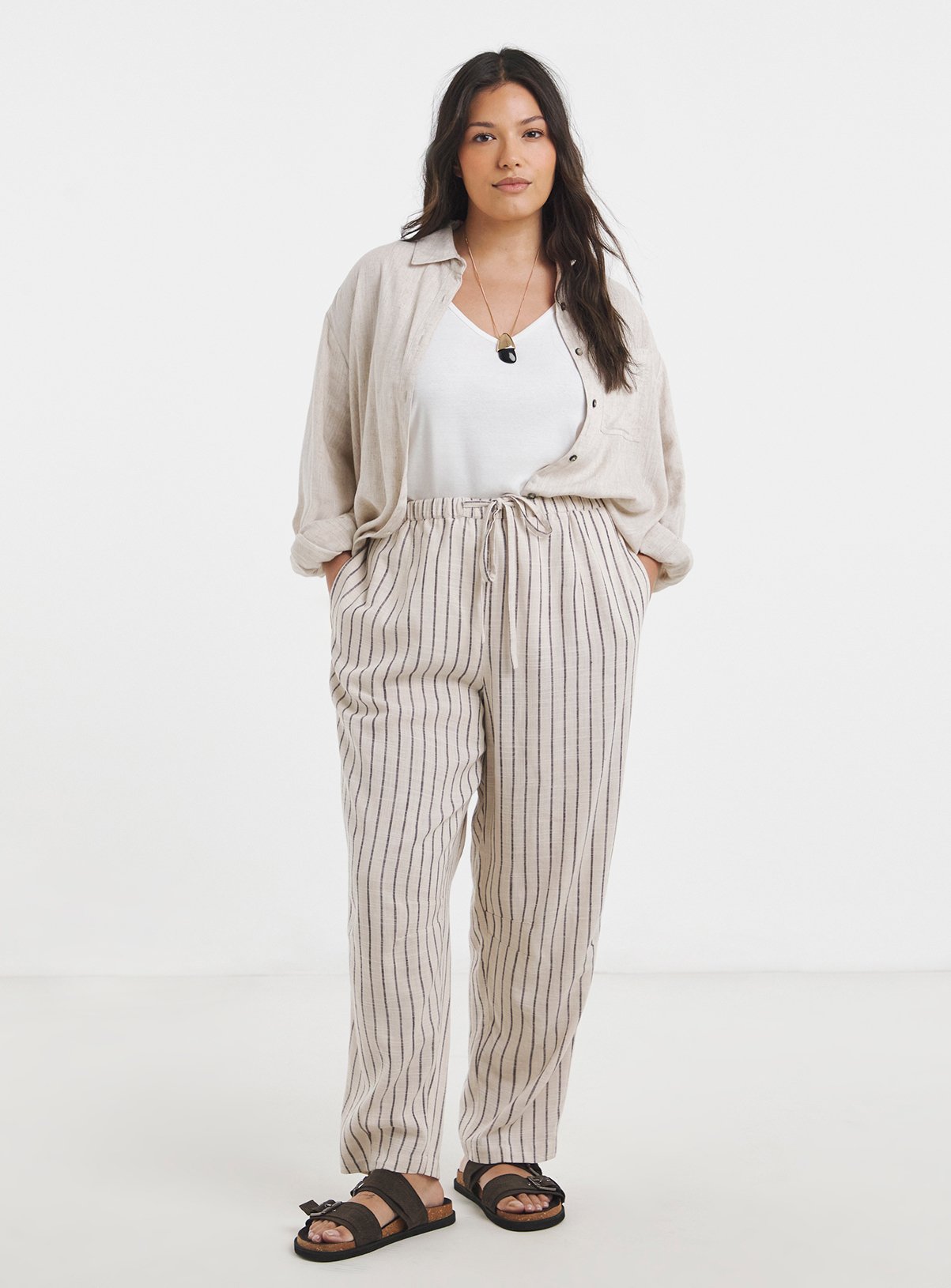 SIMPLY BE Neutral Stripe Barrel Trouser With Linen 14 - Image 3 thumbnail